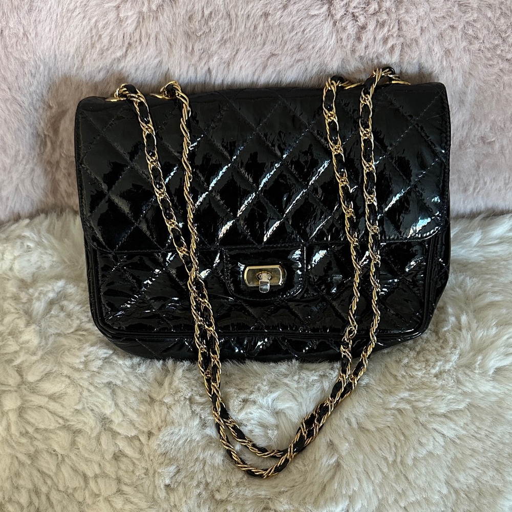 Vintage JAY HERBERT Quited flap black patent leather chain handbag 1960s-70s